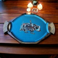 Brass Blue Enamel Tray Hand Painted Two Handle 1960's Israel 19