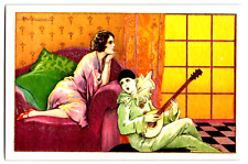 Adolfo Busi Artist-Signed c1910 Art Deco Postcard Pierrot Lime Green Lady Pink picture