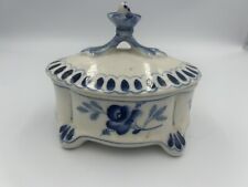 Vintage USSR Ghzel Russian Blue & White Covered Dish/Trinket Box 5”x4” picture