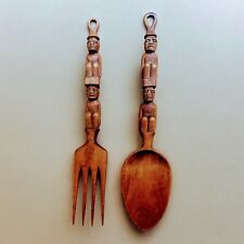 Vintage Handcarved Teak Decorative Fork and Spoon 14” long picture