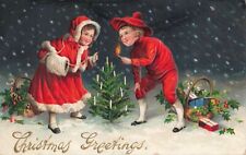 CHRISTMAS RED VELVET CHILDREN TREE LIGHTING BEAUTIFUL Antique Holiday Card picture