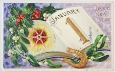 Antique New Year Postcard Horseshoe Mistletoe Divided Embossed Germany picture