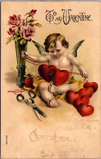 Postcard~Valentine~Cupid Sewing Hearts Together~c1910~Unposted picture