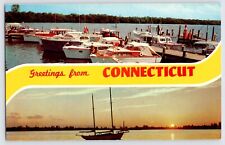 Postcard Connecticut Dual View Banner Greeting Oceanview Boats Chrome A480 picture