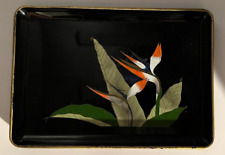 Vintage MCM Otigiri Japan black Lacquer Bird Of Paradise flower Tray 8