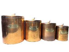 Vintage Copper Canister Set w/Lids White Porcelain Knobs Brass Labels Farmhouse picture