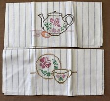 Two Vintage Tea Towels Cross Stitch Embroidery Retro Kitchen Linen 16