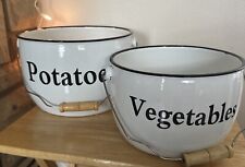 Pair Of Farm House White w/ Black Trim Graniteware Handled Kettle-Shaped Buckets picture