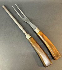 Vintage MCM Meat Fork and Sharpener Bakelite Handle Stainless Steel Greek Key picture