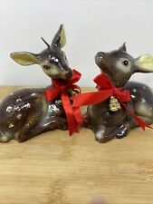 Set Of 2 Vintage Deer Candles Spotted Sitting Does Red Ribbon Gold Bells picture