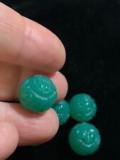 One Vintage Carved Chinese Bead Bright Green Onyx Round Shou Design 14mm picture