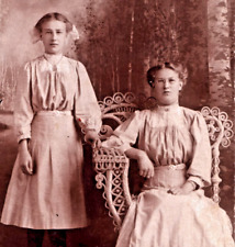 Photo Two Young Sisters In Pretty White Dresses Wicker Chair Vintage READ picture