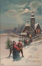 Postcard Christmas People Holding Christmas Trees Walking out of Church  picture