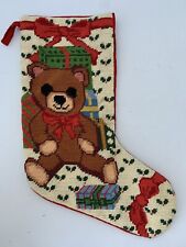 Vintage Needlepoint  Teddy Bear Toys Merry Christmas Stocking Red Velvet back picture