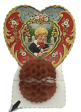 Vtg Blonde Boy Heart Valentine Stand-up Foldout w/ Honeycomb Pop-Up Embossed USA picture