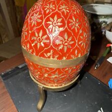 Vtg 1980s Red Enameled Starburst Cosmic Design Brass Egg Brass Stand India Decor picture