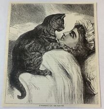 1876 magazine engraving~ CAT ON TOP OF HER SLEEPING OWNER picture