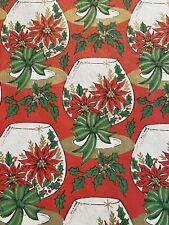VTG CHRISTMAS WRAPPING PAPER GIFT WRAP BRANDY SNIFTER POINSETTIA ON TEXTURED RED picture