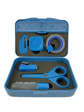 Repair Kit Scissors Ruler Stapler Measuring Tape Blue Plastic Case Razor picture