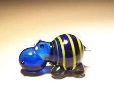 Blown Glass Art Animal Figurine Small Blue & Yellow Striped Hippopotamus HIPPO picture