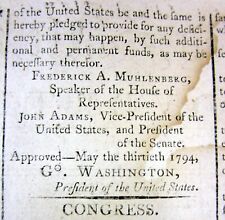 1794 newspaper -Printing of 2 Acts signed in type by PRESIDENT GEORGE WASHINGTON picture
