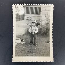 Toddler Boy Football Helmet Dog Vtg Photograph Snapshot c1940-50s picture