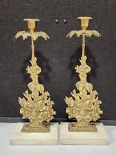 PAIR- Vintage Victorian Candelabra Ornate Brass Floral Bouquet Marble Bases picture