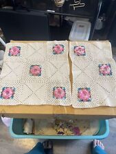 Beautiful Vintage 2 Pc. Cream Rectangle And Square Crocheted Pink Rose Doilies picture