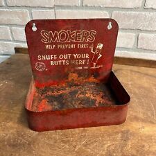 VINTAGE SMOKERS PREVENT FIRES METAL ADVERTISING ASHTRAY SNUFF TRAY WALL MOUNT picture