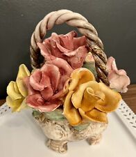Vintage CAPODIMONTE Italian Porcelain Rose Flower Basket, Pink Yellow Orange picture