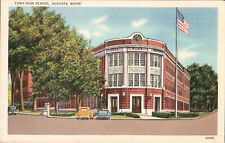 AUGUSTA MAINE Cony High School, vintage cars, USA flag POSTCARD picture