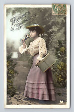 c1907 RPPC Hand Colored French Portrait Beautiful Woman Picnic Basket Postcard picture