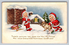 1915 Christmas PC Toys Santa Baby Children Snowy Roof Pulling Pushing Puppy Dog picture