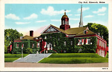 Vtg 1940s City Hall Ellsworth Maine ME Unused Linen Postcard picture
