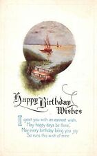 Vintage Postcard 1910's A Happy Birthday Greetings Card Nature Boating on River picture