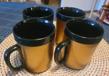 4VINTAGE WEST BEND THERMO SERV MCM COFFEE CUPS GOLD W/BLACK HANDLES MARKED 10 OZ picture