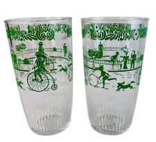 2 vtg Hazel Atlas sour cream glasses bicycles & victorian scene drinkware picture