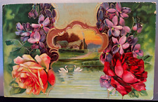 Vintage Victorian Postcard 1909 Best Wishes - Embossed Roses & Violets picture