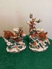 1996 Vintage Fitz and Floyd Snowy Woods Reindeer Candle Holder Set - Rare BOX picture
