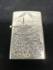 Japanese Sterling Silver 950 Etched Lighter Geisha Mountains Japan WORKS GOOD picture