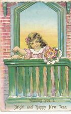 NEW YEAR - Girl With Bouquet At Balcony Bright and Happy New Year Postcard- 1908 picture