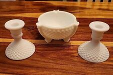 Hobnail Milk Glass, Diamond Pattern, Bowl/Ashtray & Candlestick Pair, Set Of 3 picture
