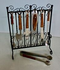 Vintage Bar Tool Set With Rack 8 pieces Metal Chrome Wood picture