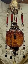 Vintage Moon & Stars Dark Amber Glass Hanging Swag Lamp Light with Crystals picture