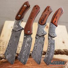 4PC Damascus Etched Cleaver Set - 1 FIXED BLADE + 3 ASSISTED OPEN FOLDING KNIVES picture