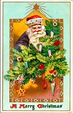 Vintage 1909 Raphael Tuck Blue Robe Santa Claus with Christmas Tree Postcard picture