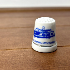 Vintage Lake Champlain Ferries Boat Blue White Porcelain Thimble, Collectible picture
