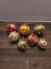 Vintage Ornate Push Pin Sequin Beaded Satin Christmas Ornaments Set Of 7 picture