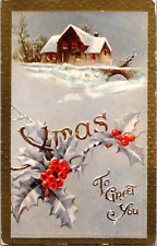 C. 1909 Xmas to Meet You Embossed Lovely Snowy Scene Bridge to Home Postcard picture