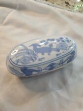 Vintage Chinese Blue and White Oval Bird Floral Porcelain Trinket Dresser Box picture
